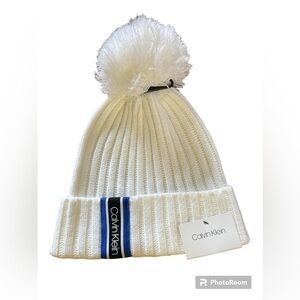 Calvin Klein women's Racer Stripe Ribbed Cream Pom Pom knit Beanie hat  NWT